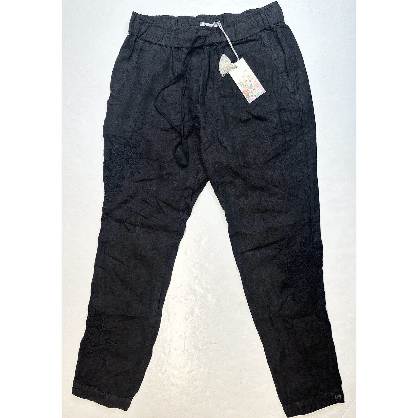 Johnny Was Linen Pants Sadie Jogger Womens Xs Black Floral Embroidery New